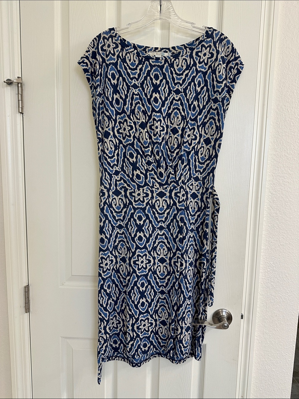Boden Navy and White Ikat Tie-Waist Midi Dress